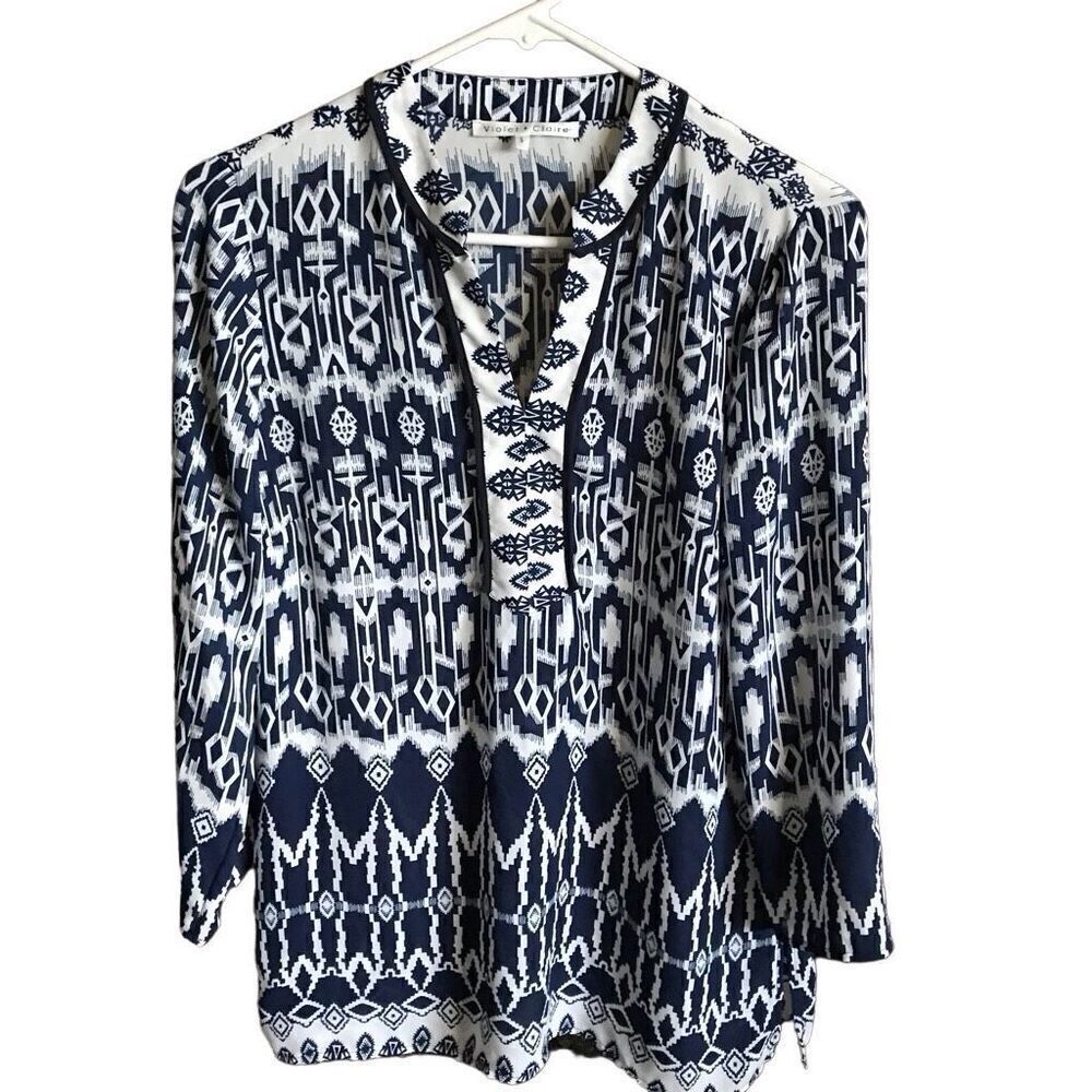 Violet & Claire long sleeve Navy white blouse top tunic size small